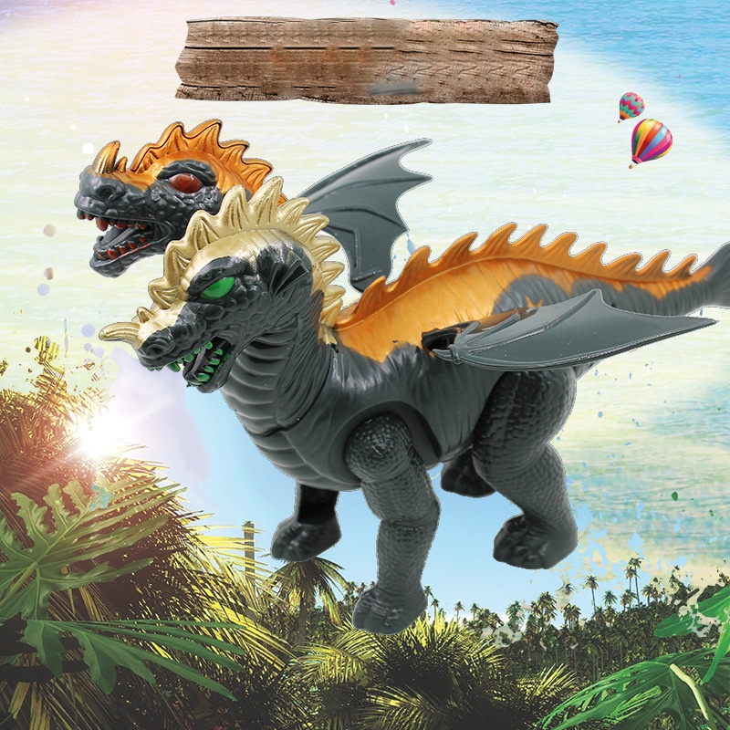 Khủng long 2 đầu biết đi, đồ chơi trẻ em, dùng pin, có đèn, âm thanh, tự di chuyển dành cho bé yêu