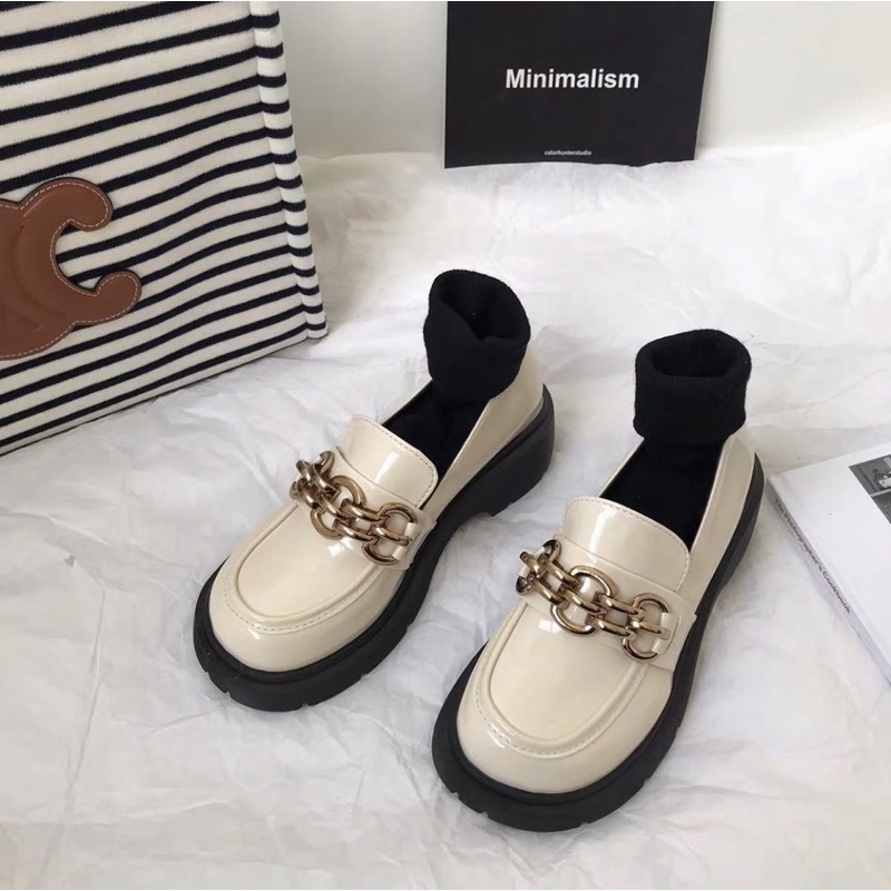 Giày búp bê Loafer phối xích vintage cổ điển học sinh Nhật Bản Yannie Lolita