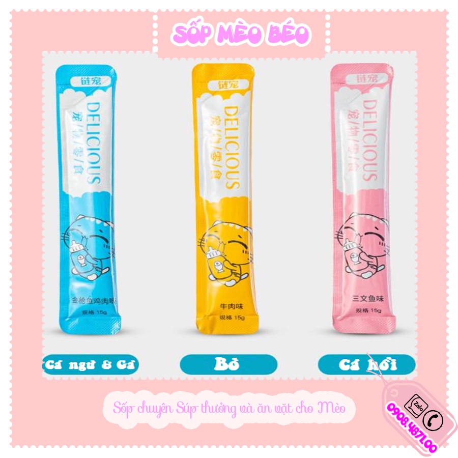 Tuýp súp thưởng cho mèo Delicious vị Bò,Cá ngừ mix gà,Cá hồi dạng lỏng gói lẻ cho Mèo con trên 3 tháng
