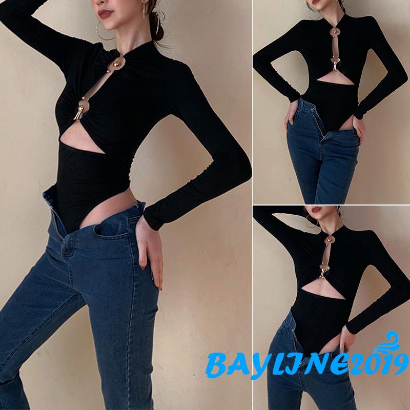 Bay-female Bodysuit Màu Trơn Tay Dài Khoét Rỗng Với Vòng Kim Loại Cho Mùa Xuân Thu