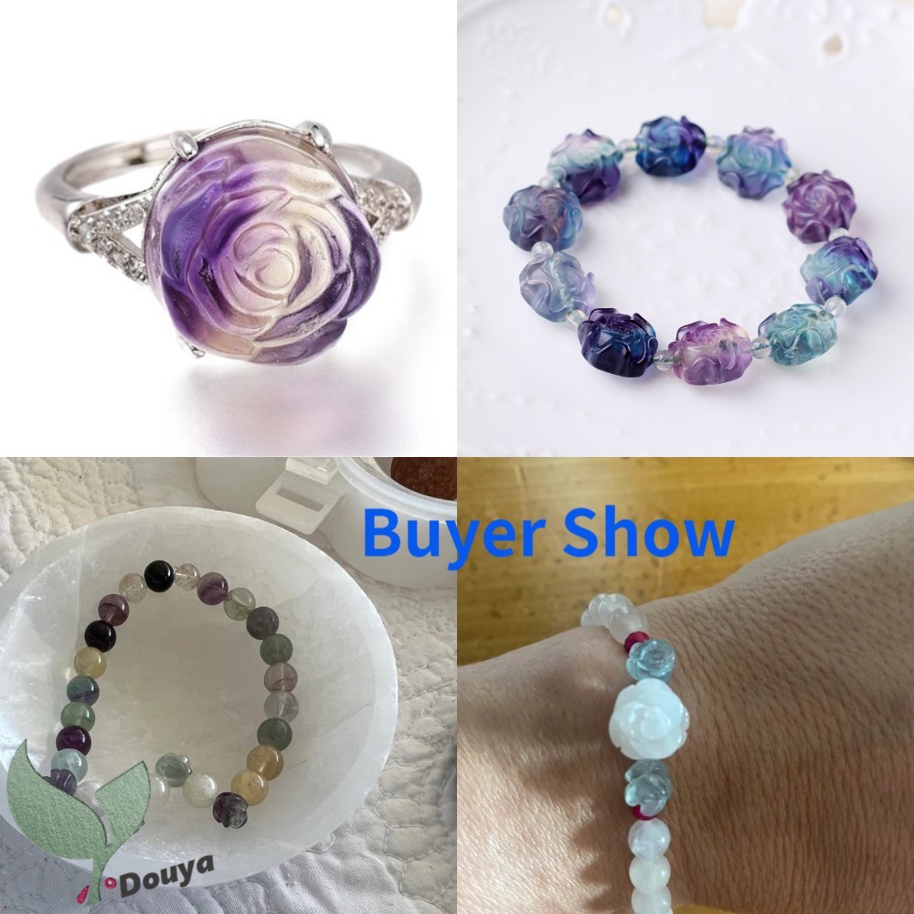 1 Chuỗi Hạt Đá Fluorite Tự Nhiên Màu Xanh Lá / Tím / Hoa Hồng Chạm Khắc Thủ Công