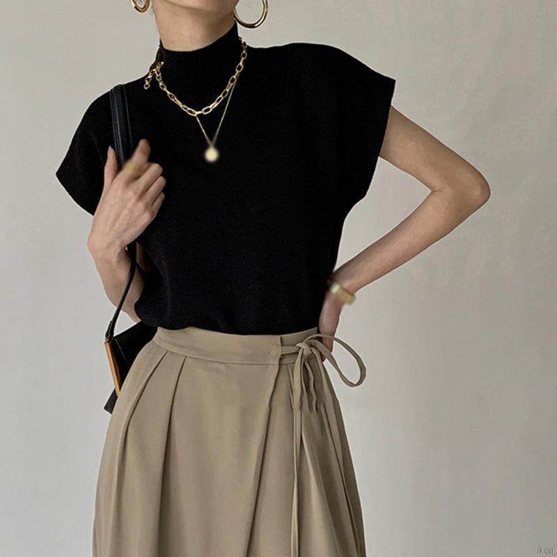 Áo kiểu mặc chui đầu tay ngắn cổ lọ màu trơn phong cách vintage thời trang