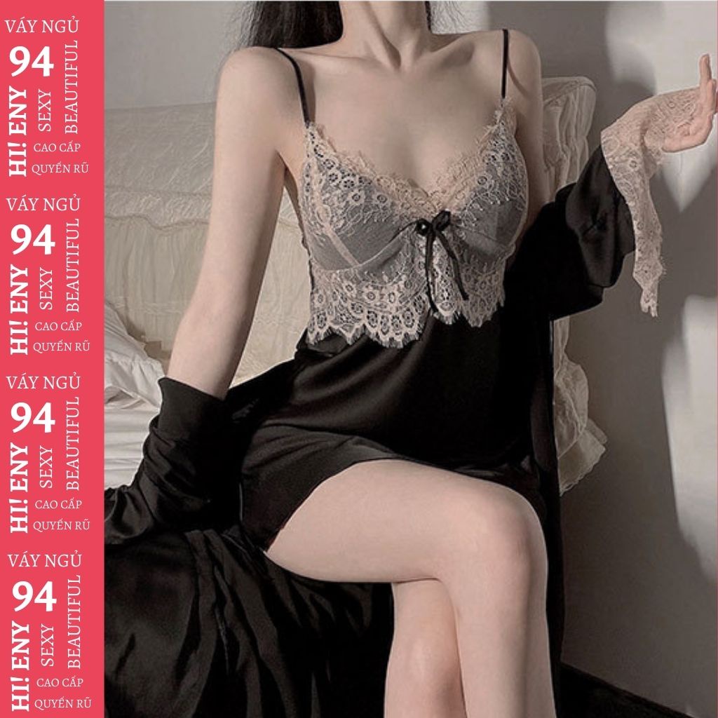 Set váy ngủ sexy + áo choàng chất liệu lụa satin phối ren siêu quyến rũ M11