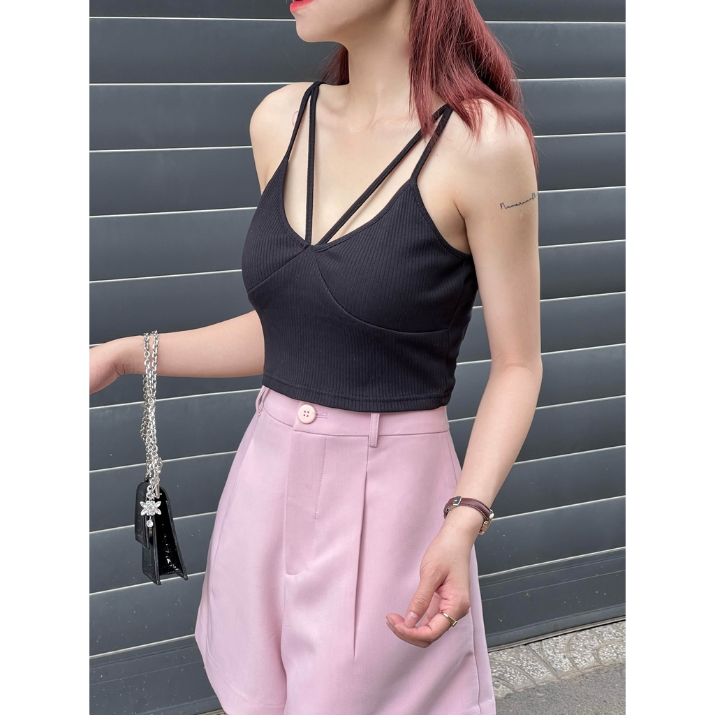 Áo 2 dây thun nữ cúp ngực dây chéo trước thời trang GAGO màu đen GA3992