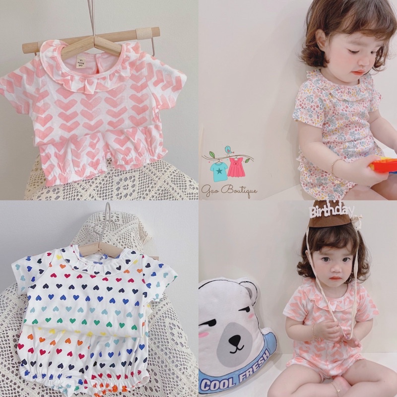 Bộ thun cotton diềm cổ cho bé gái 7-18kg - Mẫu mới