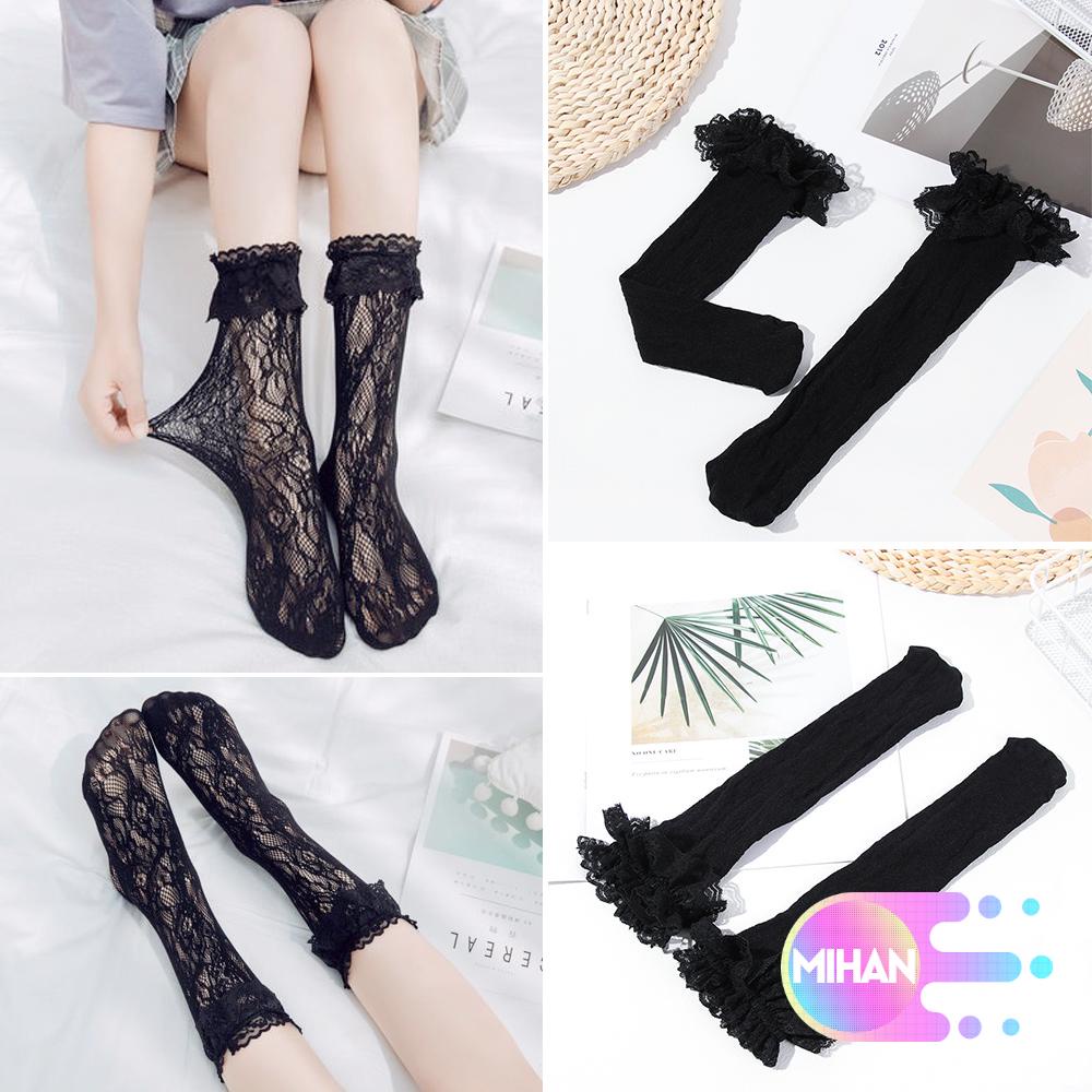 Vớ cổ cao tới đầu gối nylon co giãn xuyên thấu vải ren nhún bèo phong cách lolita thời trang dành cho nữ