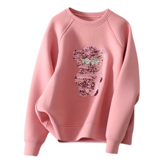 Áo Khoác Sweater Thu Đông Hàn Quốc 2021 Dáng Rộng Thiết Kế Mỏng Đính Kim Sa Hình Gấu Dễ Thương Cho Nữ