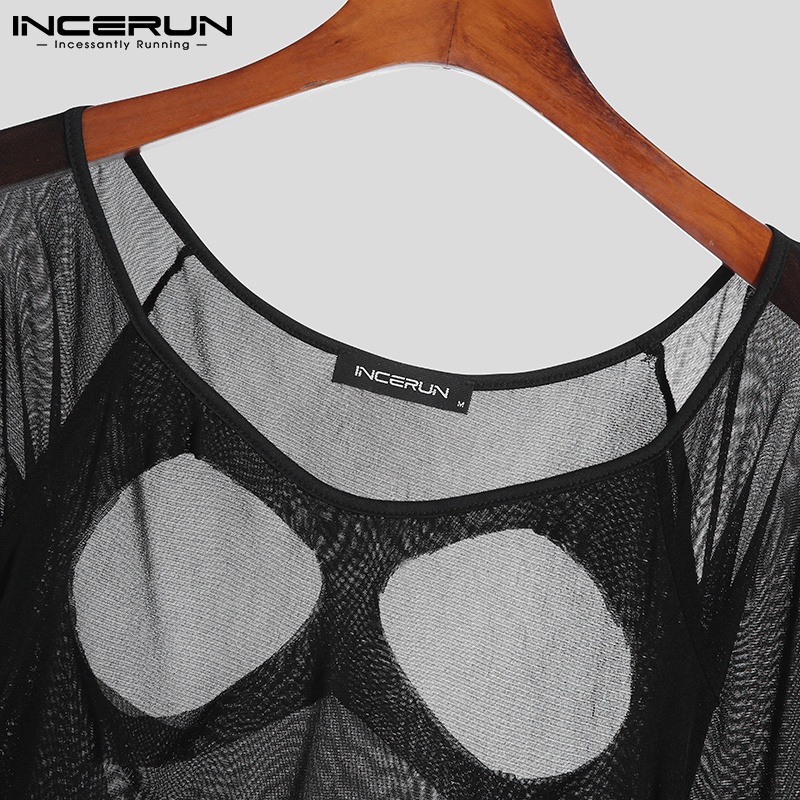 Set 2 áo INCERUN tay dài khoét lỗ dáng ôm vừa vặn xuyên thấu màu đen quyến rũ cho nam