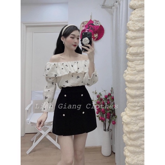 Sét Váy Hoa Trễ Vai Mix Chân Váy