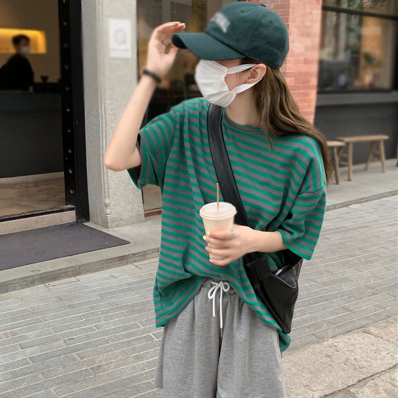 Áo Thun Tay Ngắn Dáng Rộng Họa Tiết Kẻ Sọc Phong Cách Hàn Quốc Thời Trang Mùa Hè Cho Nữ