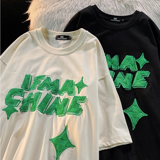 Áo Thun Tay Ngắn Form Rộng Họa Tiết Thêu Theo Phong Cách Preppy Retro