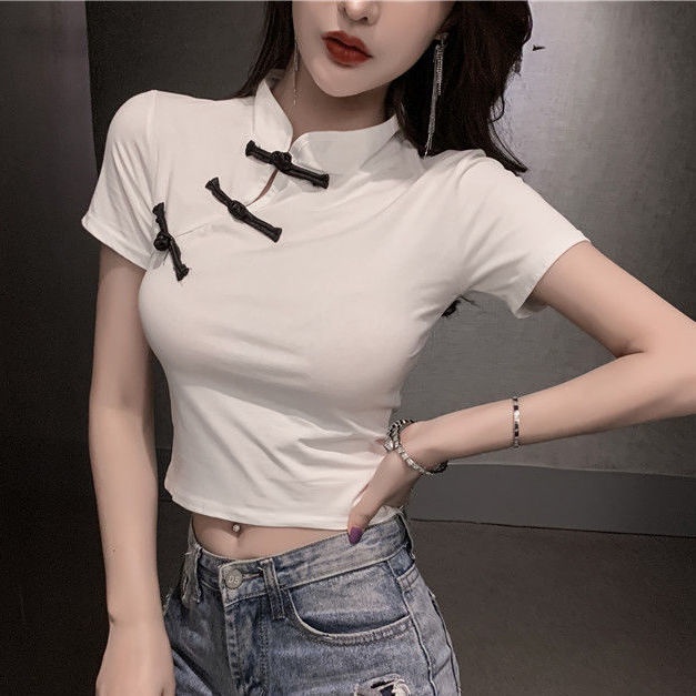 Áo Thun Kiểu Sườn Xám Cách Tân Dáng Ôm Ngắn Tay Cài Nút Gợi Cảm Phong Cách Trung Hoa N7vX