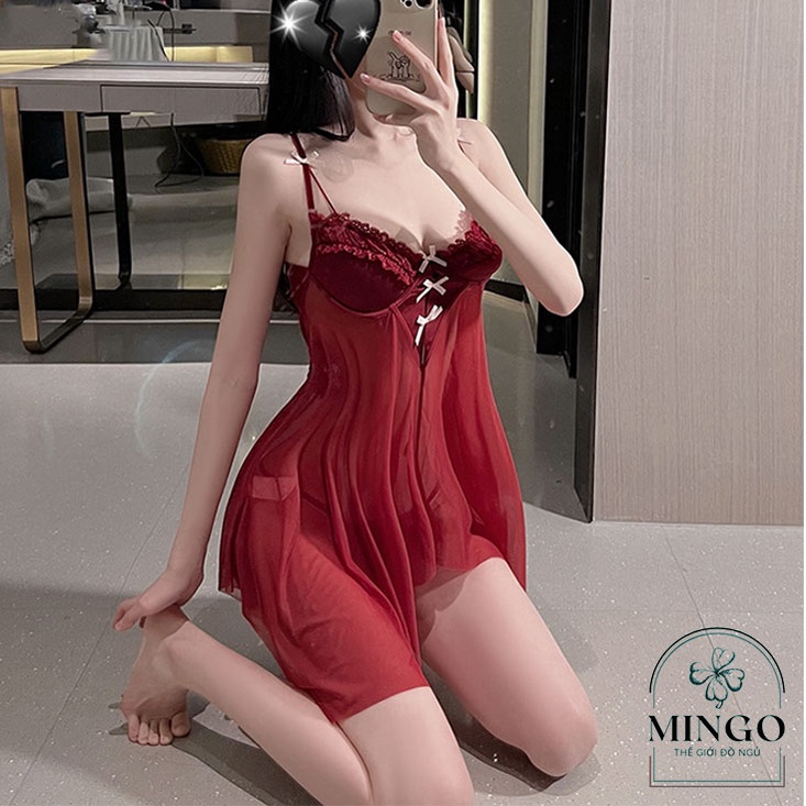 Váy ngủ sexy đầm ngủ gợi cảm 2 dây VOAN phối ren hở lưng nâng ngực quyến rũ ( tặng kèm quần chip lọt khe) VN70