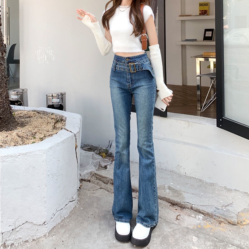 Jiashucheng Quần Jean Dài Ống Loe Lưng Cao Nhẹ Nhàng Ôm Dáng Mùa Xuân Hè Châu Âu Cổ Điển Cho Nữ