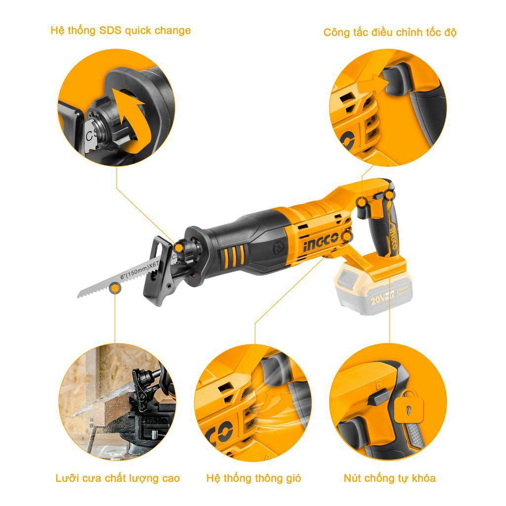 Máy cưa kiếm cầm tay dùng pin INGCO CRSLI1151 (chưa bao gồm pin và sạc)
