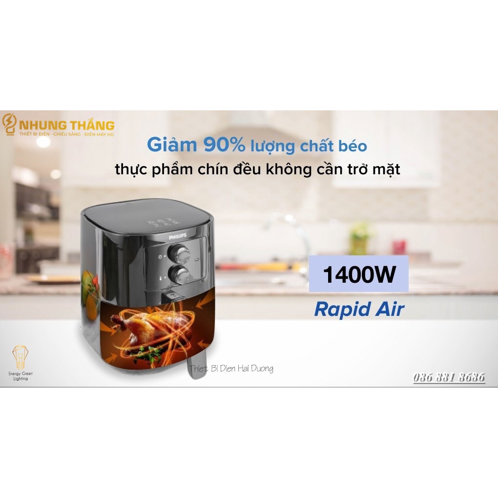 Nồi chiên không dầu Philips HD9200/90 2.4Lít Công Suất 1400w - Loại Bỏ 80% Chất Béo, Chống Dính Hoàn Hảo, Làm Chín Nhanh