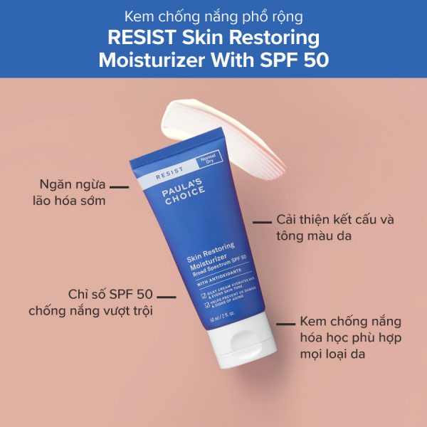 Kem Chống Nắng Chống Lão Hoá Dành Cho Da Khô Paula's Choice Resist Skin Restoring Moisturizer Broad Spectrum SPF 50 60ml