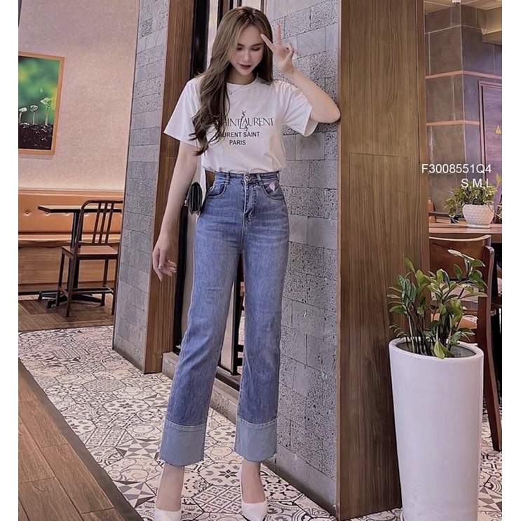 Quần jean dài lai lật cao màu thêu trái tim túi TT3008
