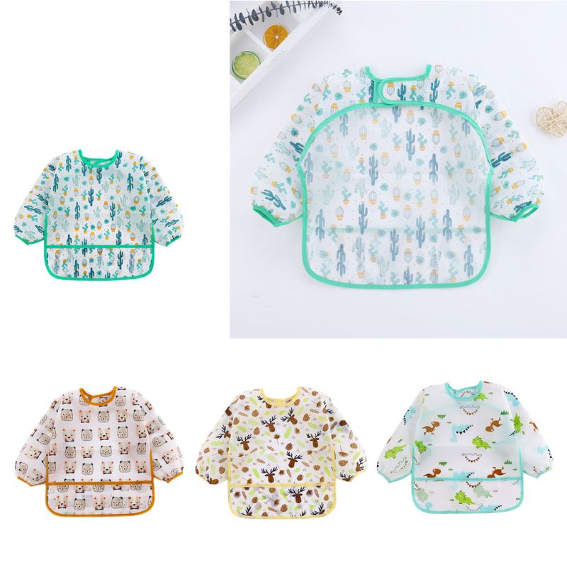 Yếm Ăn Bằng Polyester Tay Dài In Hoạt Hình Dành Cho Trẻ Em