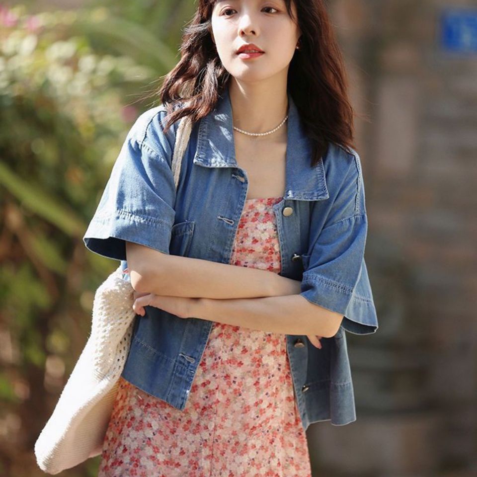 Áo Sơ Mi Denim Tay Ngắn Dáng Rộng Thời Trang Mùa Hè Phong Cách Hàn Quốc Mới Cho Nữ