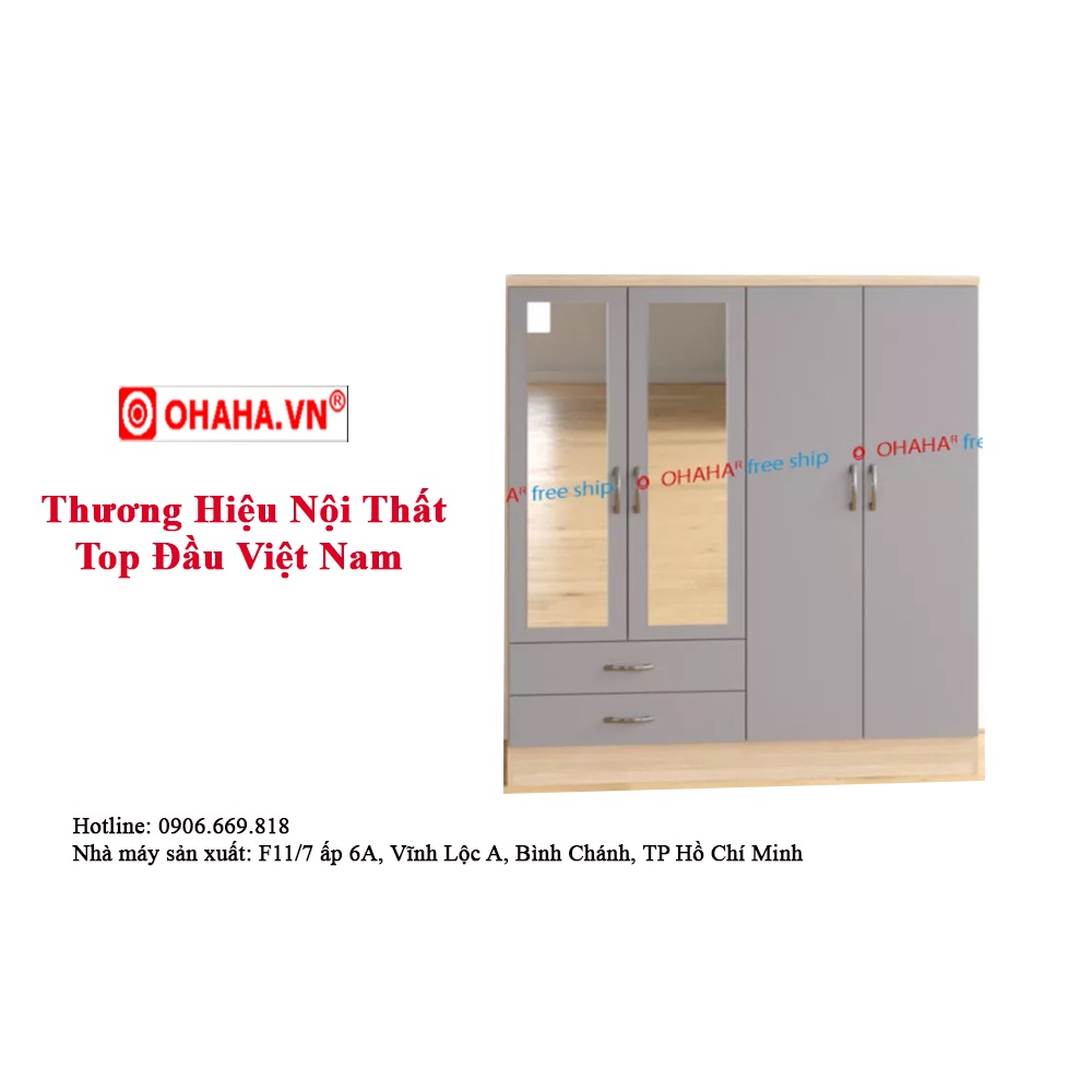 Tủ Quần Áo 4 Cánh Cao Cấp 1005 OHAHA Có 2 Kính ( 1m8 x 2m ) - Kiểu Nội Thất Lắp Ráp
