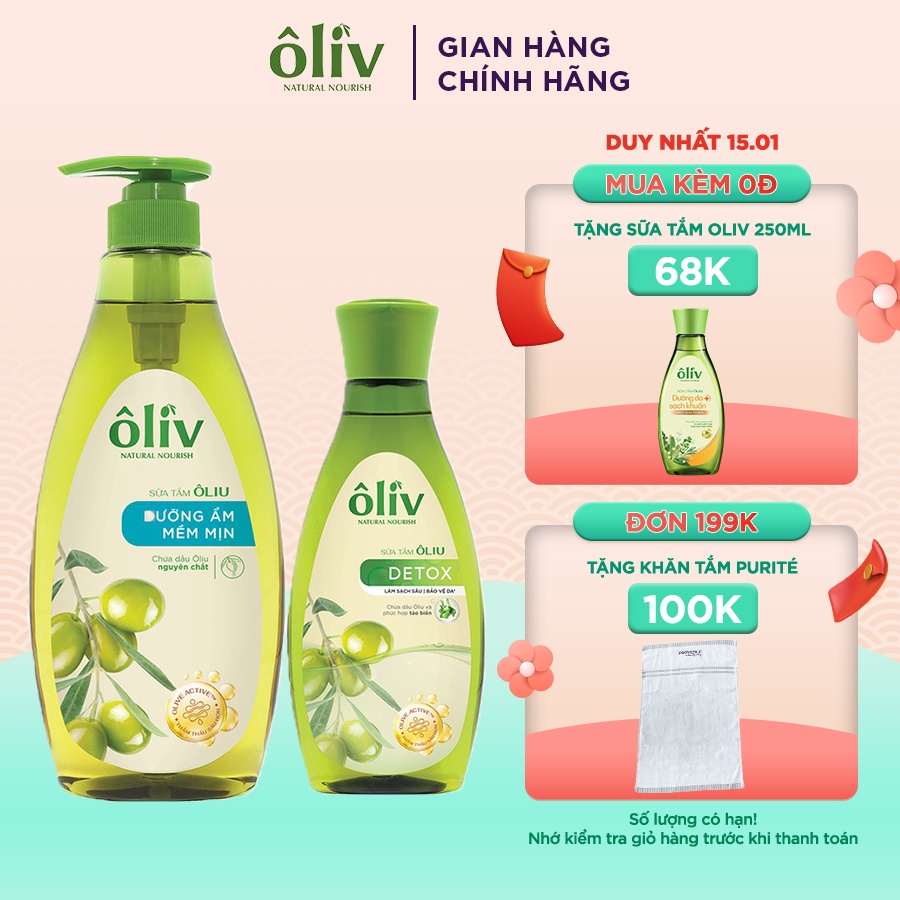 Combo Sữa Tắm Ôliv Mềm mịn 650ml + Sữa Tắm Ôliv Detox 250ml