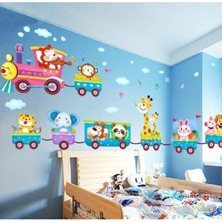 Giấy dán tường trang trí hình đoàn xe lửa thú vật hoạt hình đáng yêu