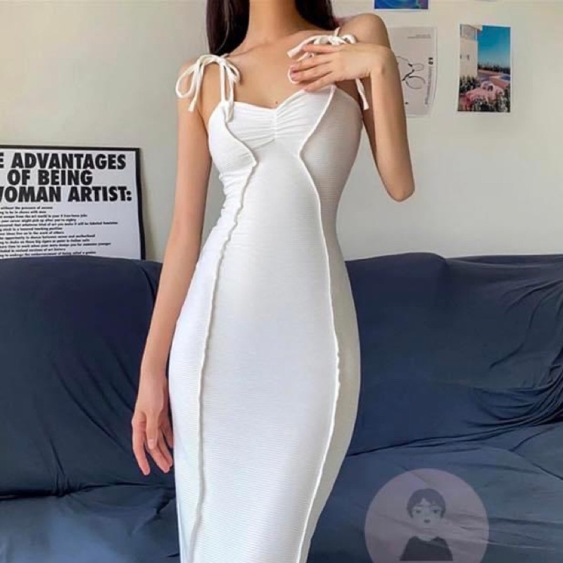 Đầm hai dây maxi dài kiểu nữ thiết kế trắng thun ôm sát body co dãn gân nổi - Order taobao quảng châu