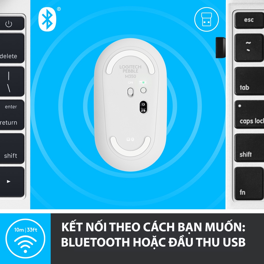 Chuột không dây Logitech Pebble Wireless M350 - Bluetooth/ USB, nhỏ gọn, giảm ồn, MacOS / PC