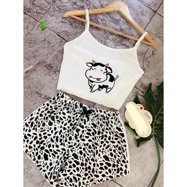 Bộ Ngủ 2 Dây Bò Sữa  Quần Short - Set Áo Hai Dây Trâu Cute Mix Quần Đùi Báo Đốm Ngựa Vằn Bò Sữa