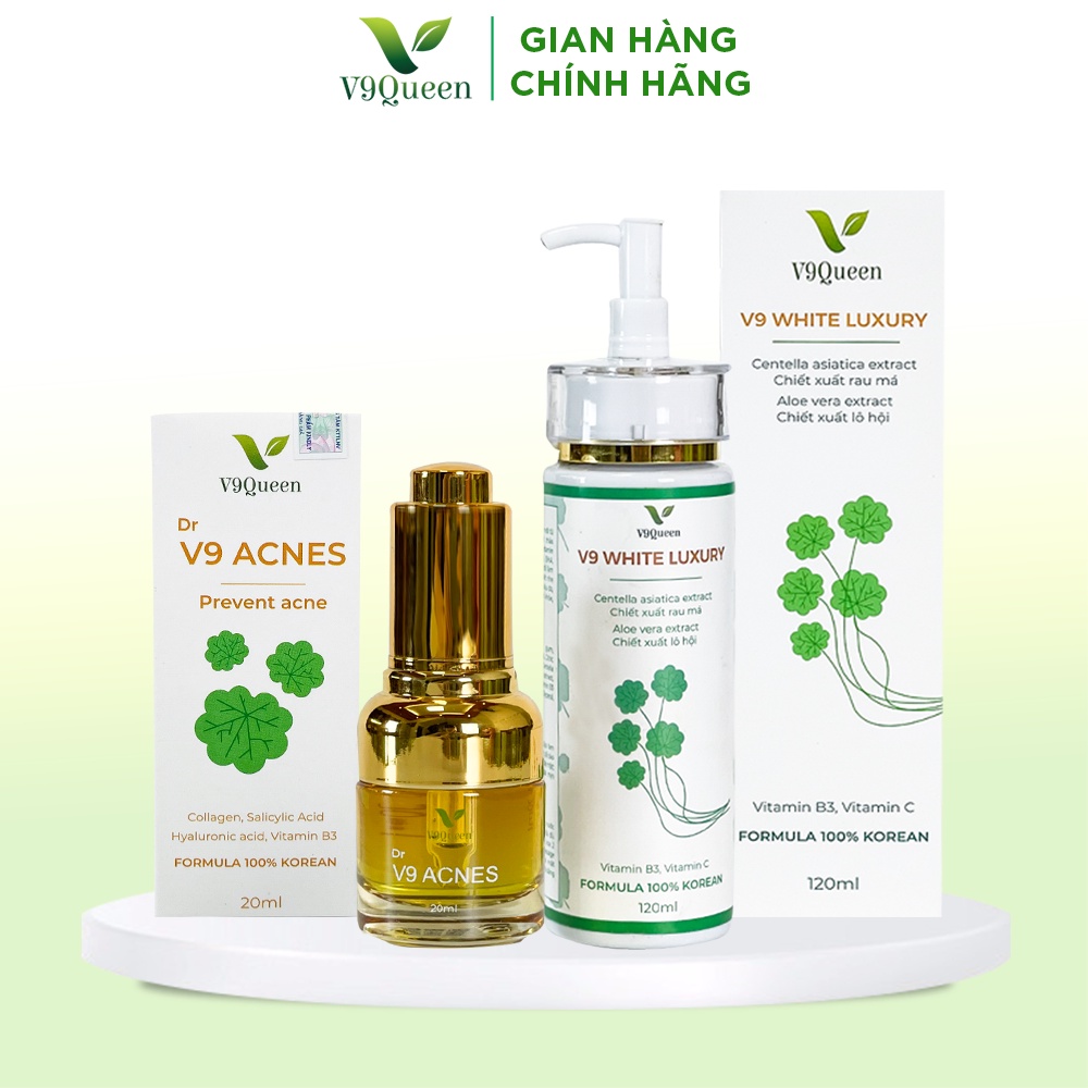 [BỘ ĐÔI] Tinh chất rau má V9Queen, serum giảm mụn 20ml + sữa rửa mặt tạo bọt dịu nhẹ 120ml