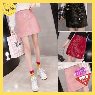 Chân Váy Da Bóng Trơn Gân Giữa, 2 Màu Be Đen, Full size SML