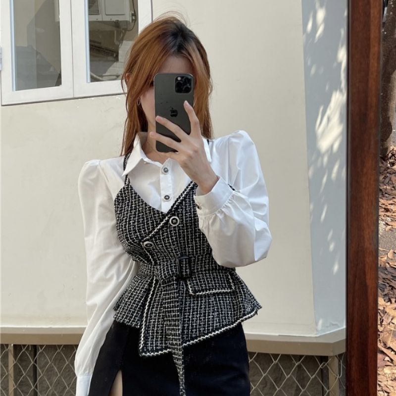 Áo Sơ Mi Mix Kiểu Áo 2 Dây Tweed Mỏng Kèm Đai Thắt Eo Kiểu Dáng Sang Chảnh
