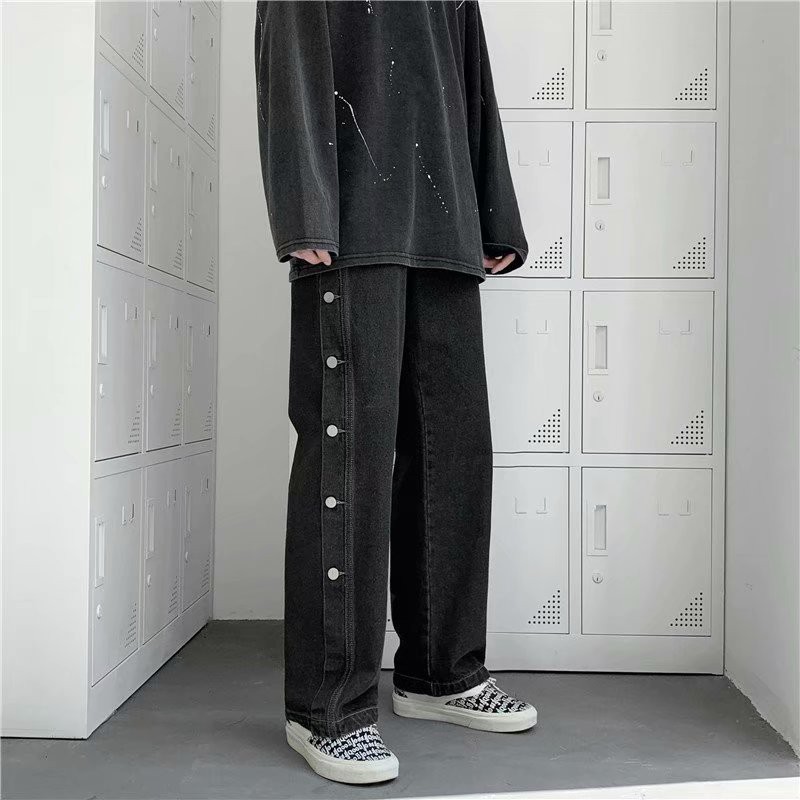 Fashionable denim jeans office pants straight-tubular foldable well-fitting denim washed denim