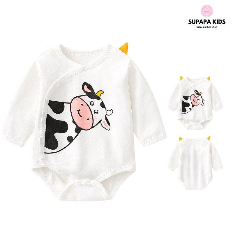 Bodysuit dài tay hình thú dễ thương, bộ liền thân hè thu cúc chéo cho bé từ 3-12kg