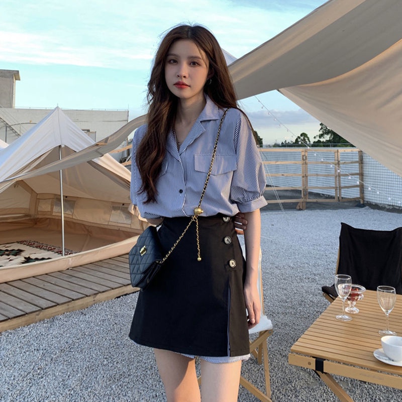 Set Áo Sơ Mi Tay Ngắn Dáng Rộng Kẻ Sọc + Chân Váy Đen Mini Size S-3Xl Thời Trang Mùa Hè Cho Nữ | BigBuy360 - bigbuy360.vn