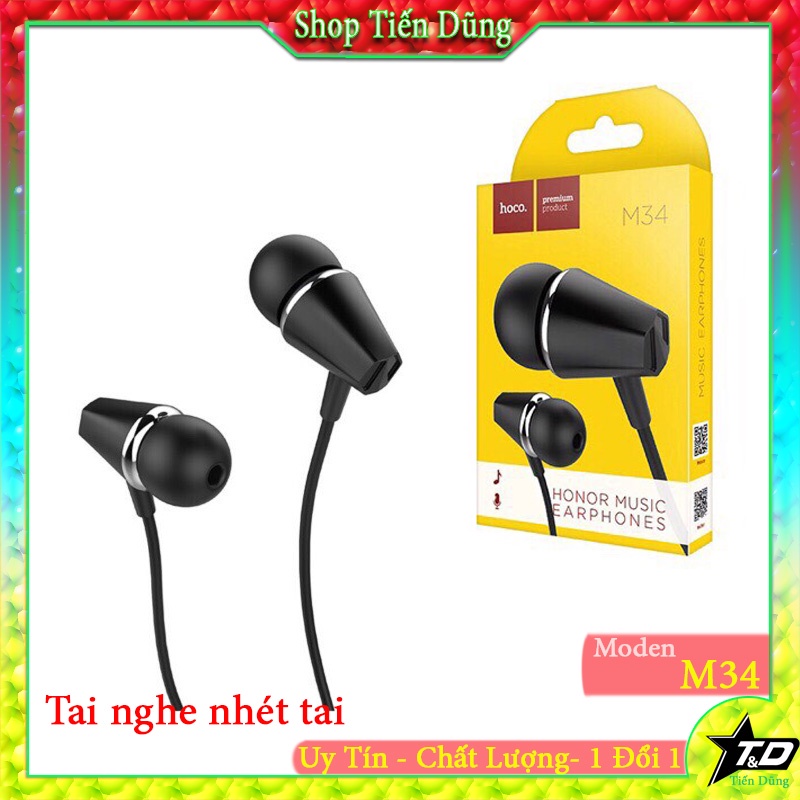 Tai nghe nhét tai có dây Hoco M34 chân cắm 3.5mm dây trắng men siêu bền tích hợp Micro cho Smartphone dài 1.2M