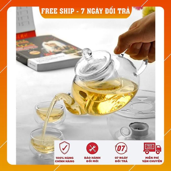 [FREESHIP] Bộ ấm trà thủy tinh 6 chén kèm đế nến châm trà chịu nhiệt dung tích 600ml sử dụng được cả đèn cồn và cốc nến