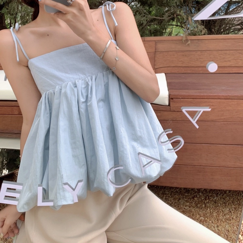 [Có sẵn+ảnh thật] Áo babydoll hai dây nơ phồng mẫu summer 2021