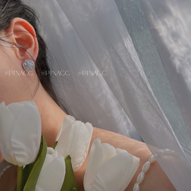 Bông tai, khuyên tai đính đá dáng hoa cong Hàn Quốc .PTNACC.