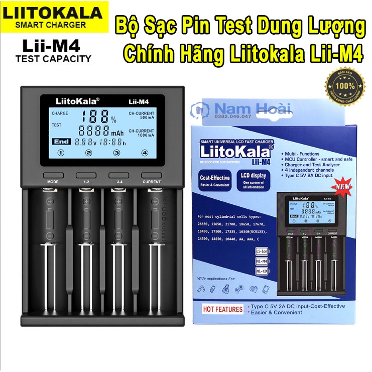Bộ sạc pin thông minh LiitoKala Lii-M4 với 4 ô cho pin 18650 26650 14500 AA AAA