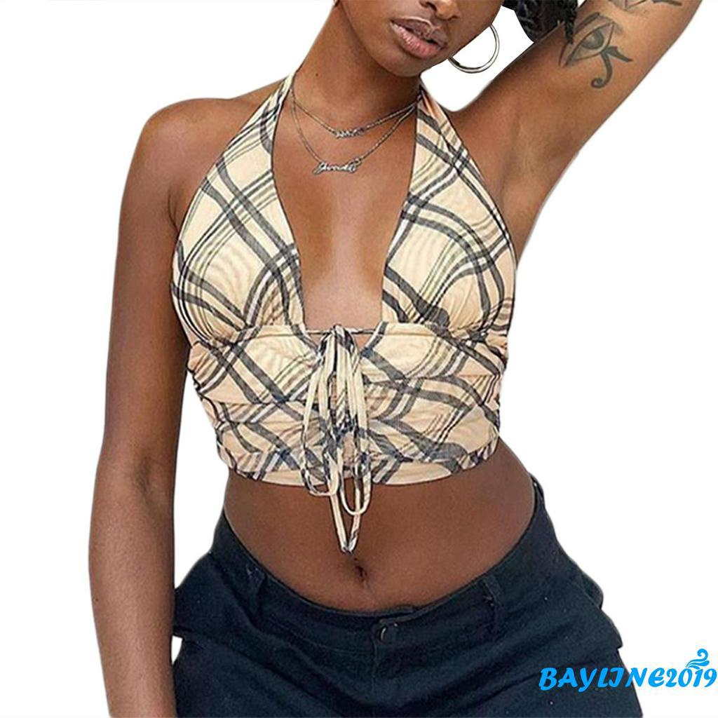 Áo Yếm Cổ Chữ V/Chân Váy Xếp Li Họa Tiết Sọc Ca Rô Quyến Rũ Dành Cho Nữ