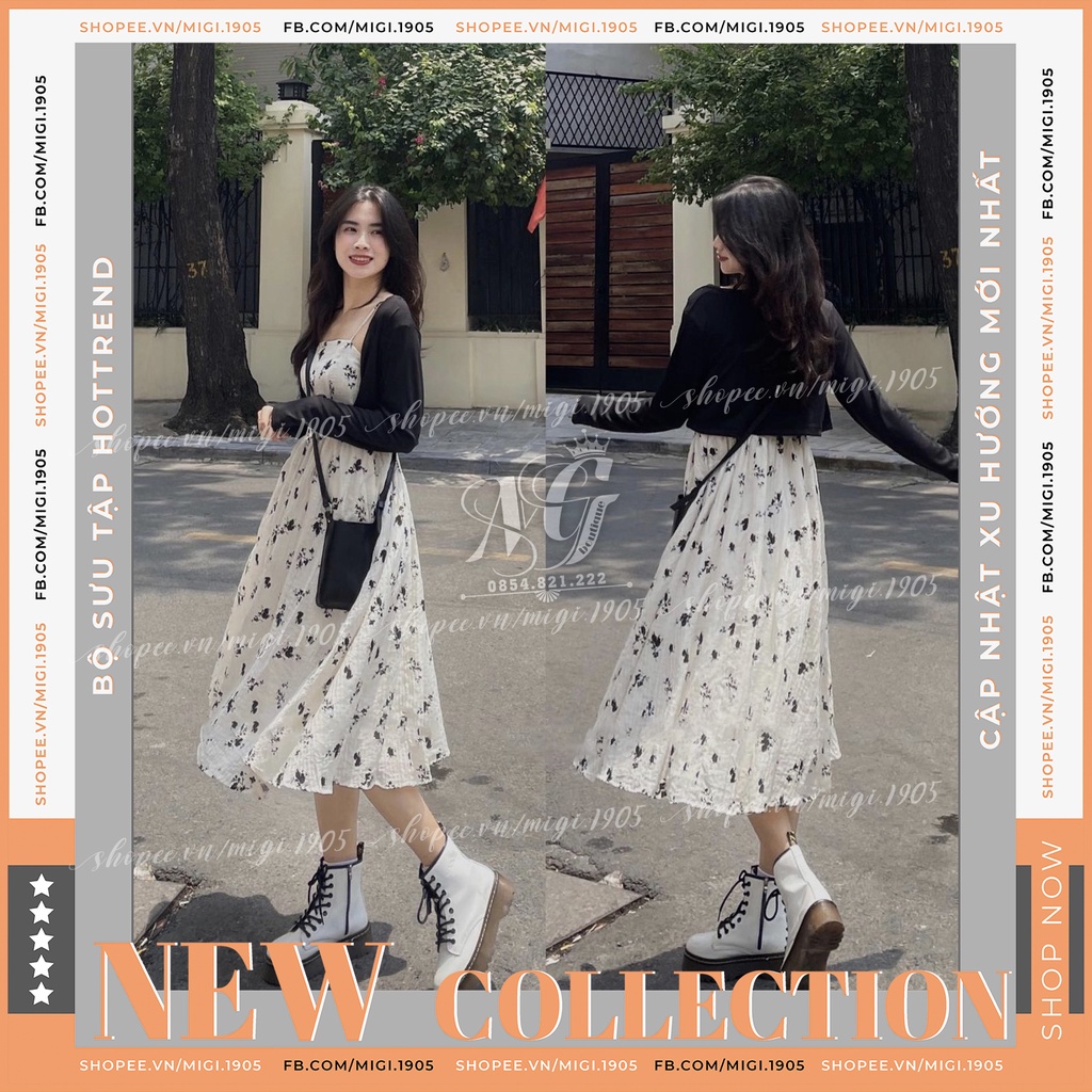 0065SS Set áo váy 2 món áo cadigan tăm mix váy hoa trắng kem cúp ngực 2 dây lót 2 lớp chun sau
