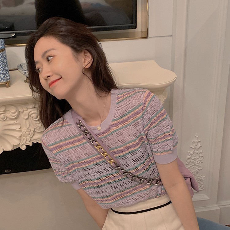 Áo dệt kim Xiaozhainv tay ngắn cổ tròn thời trang mùa hè cho nữ