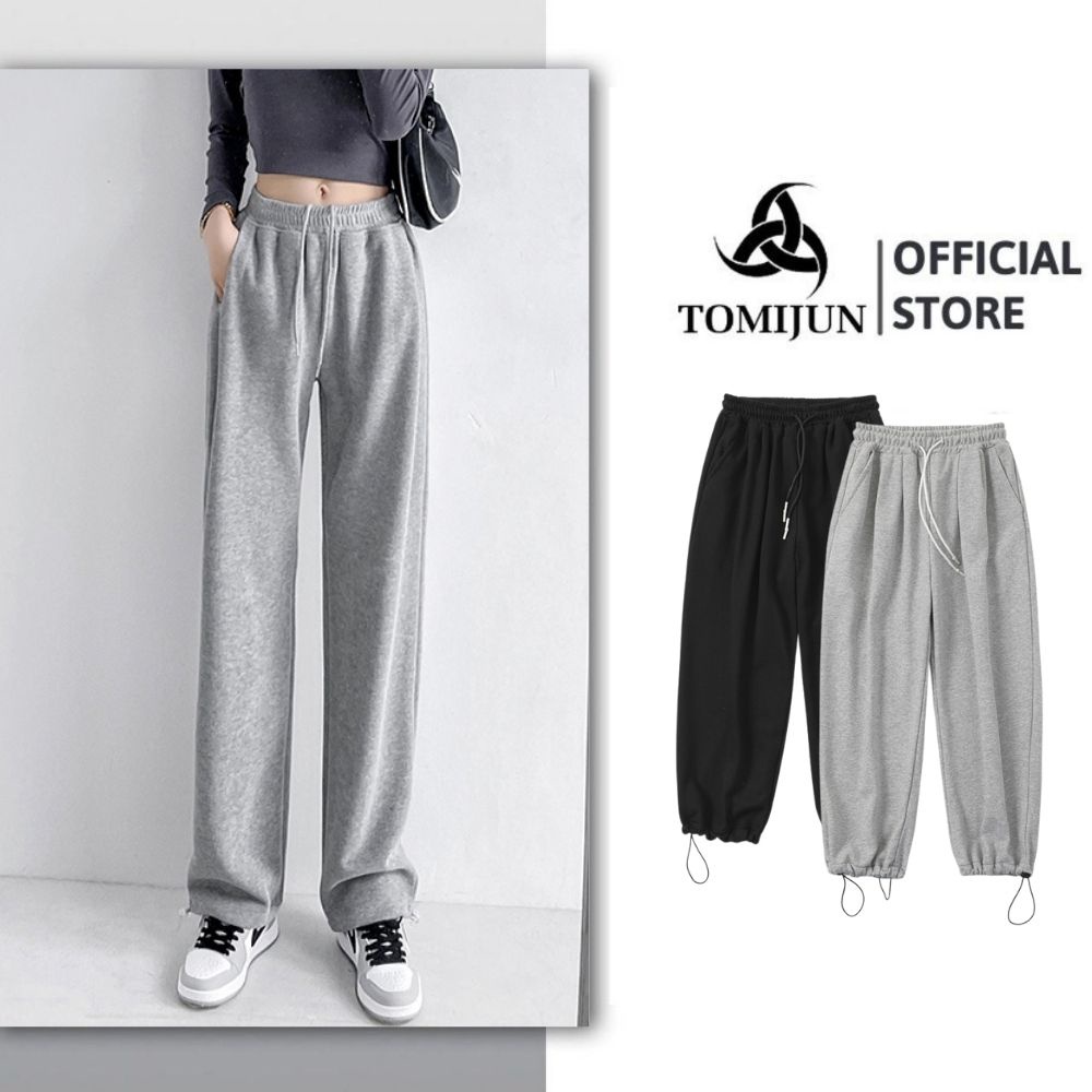 Quần dài ống rộng TOMIJUN Unisex, quần dài cạp chun có dây rút, mặc 2 kiểu bo và suông vải nỉ co dãn dày dặn mặc 4 mùa