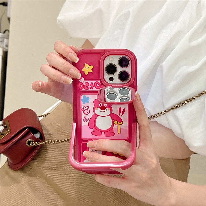 Ốp lưng iphone mềm dẻo có gương che bảo vệ camera và chân để bàn tiện lợi màu hồng gấu losto cute