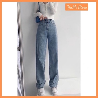 Quần jean ống rộng quần ống suông cạp cao màu xanh YuMi official store Mã 22