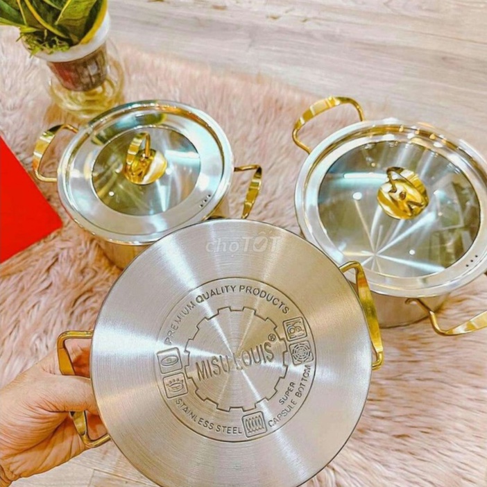 Bộ nồi Misu Louis 3 món inox 304 đáy nguyên 3 lớp truyền nhiệt nhanh phù hợp mọi loại bếp và dễ dàng vệ sinh