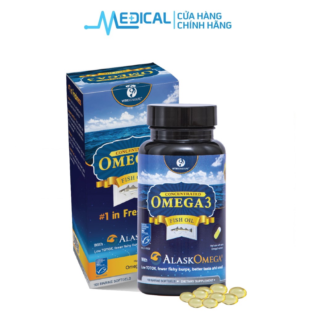 Dầu cá tươi VitaSignature AlaskOmega 3 Fish Oil chính hãng Đức &quot;CHAI 100 VIÊN &quot;- MEDICAL