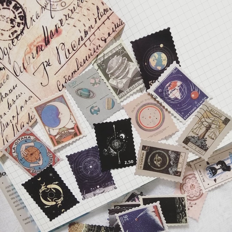 Set 46 sticker tem cổ điển tặng kèm postcard nhiều chủ đề dùng trang trí sổ bullet journal - ginandtonic